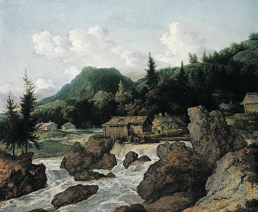 Paesaggio nordico con case sul fiume - Nasjonalmuseet
